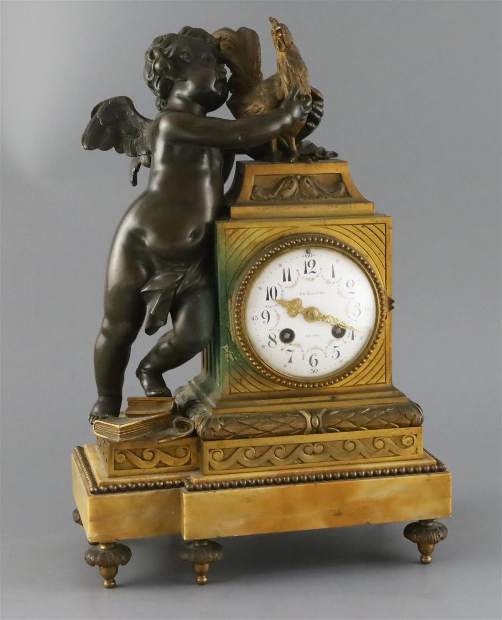 Ch. Gaultier, Bordeaux. A late 19th / early 20th century French bronze and ormolu mantel clock, height 15.75in. width 10.25in. depth 6i
